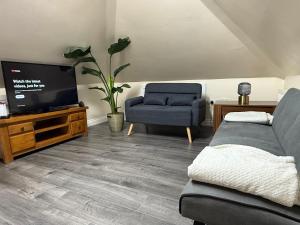 a living room with a couch and a tv at Central London double bed apartment Free Parking Incl Stays upto 6 in London