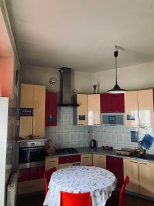 a kitchen with a table and red cabinets at New York Hostel in Lviv