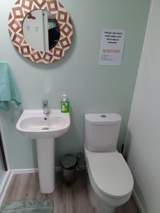 a bathroom with a toilet and a sink and a mirror at Coro Coast getaway in Te Puru +10 photos