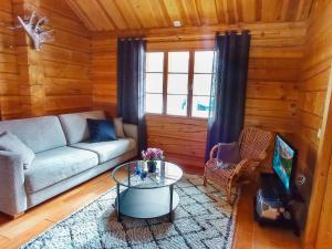 a living room with a couch and a coffee table at Holiday Home Vuonkuma by Interhome in Äkäslompolo +17 photos