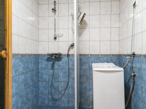 a bathroom with a shower and a toilet in it at Holiday Home Aamutähti by Interhome in Äkäslompolo +16 photos