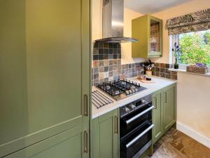 a kitchen with green cabinets and a stove at The Painters Cottage in Heckington