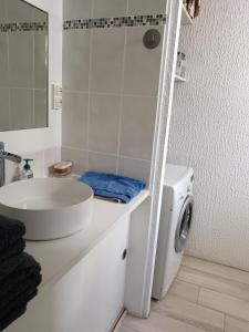 a bathroom with a sink and a washing machine at Chez Béa in Lumio
