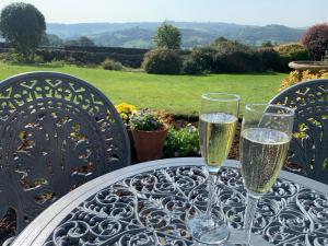 two glasses of champagne are sitting on a table at Keepsake View in Two Dales