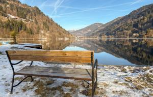 a bench sitting in front of a lake with mountains at Ferienwohnung 1 Stock in Afritz +27 photos