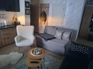 a living room with a couch and a chair and a table at Snowlake in Divčibare +16 photos