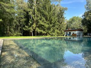 a swimming pool with a house in the background at Geofond Chaty in Chotěboř