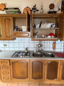 a kitchen with wooden cabinets and a sink at Baita del Silenzio in Miazzina