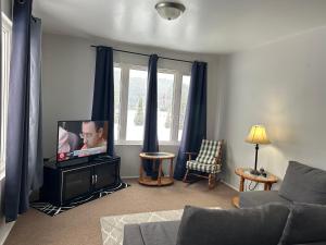 a living room with a couch and a tv at Mountain View Motel in Barrys Bay