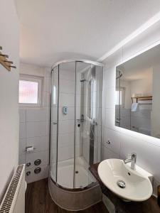 a bathroom with a glass shower and a sink at Wohnen in der Altstadt - Wohnungen und Studio in Gundelsheim