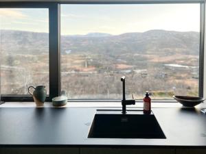 a kitchen counter with a sink and a window at New Cabin With Panoramic Views At Hardangervidda in Eidfjord