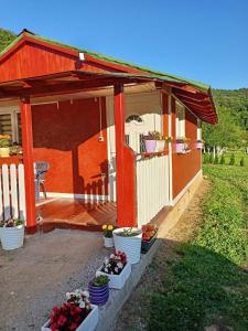 a red house with potted plants on a patio at Mubina Apartman in Ćukovi