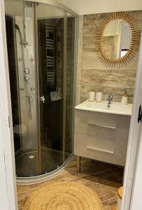 a bathroom with a shower and a sink and a mirror at Charmant Studio in Le Breuil-en-Bessin