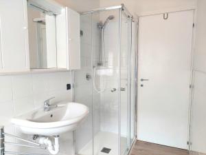 a white bathroom with a sink and a shower at Grazioso Bilocale in Busto Arsizio