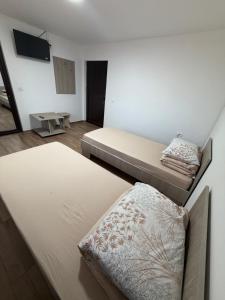 a room with two beds and a tv on the wall at Casa Drăghici in Nucet +9 photos