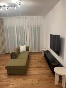 a living room with a couch and a flat screen tv at Moderne Apartments in Wicker in Flörsheim am Main