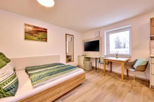 a bedroom with a bed and a desk and a television at Starnberger See Apartments in Starnberg