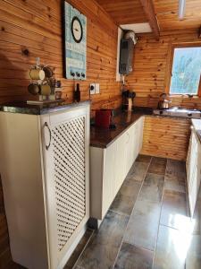 a kitchen with wooden walls and a counter at Log Cabin- Forest, Lagoon Sea location in Hermanus +16 photos