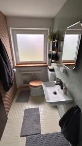 a bathroom with a toilet and a sink and a window at Apartment im Gründle in Birkenfeld +7 photos