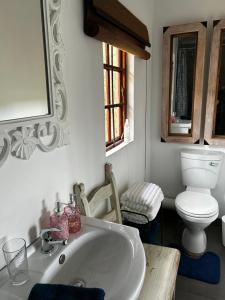 a bathroom with a white sink and a toilet at The Keep Cottage in Underberg +22 photos