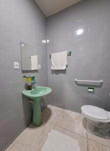 a bathroom with a green sink and a toilet at Vintagyn Hostel in Goiânia