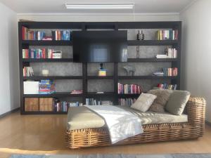 a living room with a couch in front of a book shelf at Ferienhaus am Dürrbachtal in Unterleinleiter