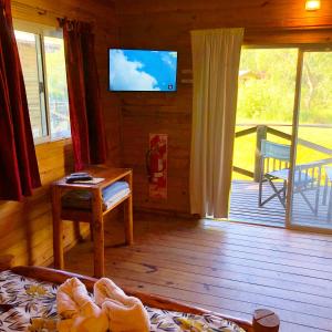 a living room with a tv in a cabin at Rio Manso Tigre in Tigre