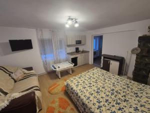 a bedroom with a bed and a table in it at Hello Retezat in Râu de Mori