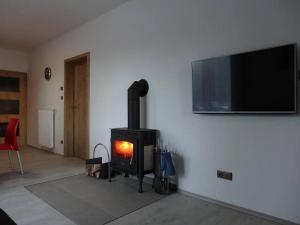a living room with a fireplace with a tv on the wall at Moderni Domek Lipno in Lipno nad Vltavou