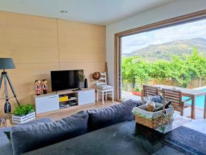a living room with a couch and a television at Casa da Barroca - Piscina Exclusiva & Natureza in Arcos de Valdevez