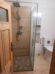 a shower with a glass door in a bathroom at Chalupa u Josefa in Valašská Polanka