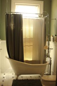 a bath tub with a shower in a bathroom at Upjohn in Kalamazoo +24 photos