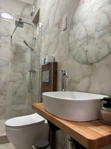 a bathroom with a sink and a toilet and a mirror at Museum 4 Residence in Debrecen