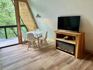 a living room with a table and a television and a fireplace at Running Spring Retreat-Cozy Forest A-Frame near Bentonville in Rogers