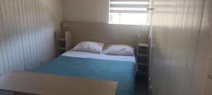 a small bedroom with a bed with two pillows and a window at Hotel y Cabañas La Magia del Sur in Valdivia