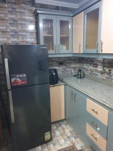a kitchen with a black refrigerator in a room at Apartment Alexandria City Center in Alexandria