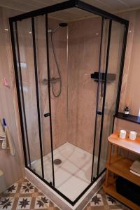 a shower with a glass door in a bathroom at Bungalow Friedrich in Thale +23 photos