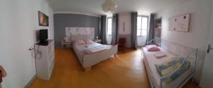 a living room with two beds and a tv at Grande maison en Aubrac chez Denise in Chaudes-Aigues