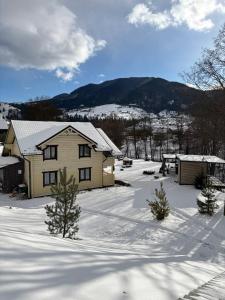 a house in the snow with mountains in the background at Вілла у горах in Krasnik