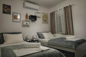 two twin beds in a room with a window at Cliffside Villa Vilić in Vrgorac +37 photos