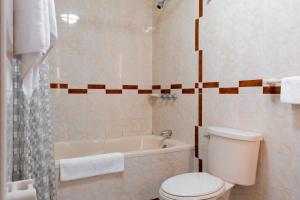 a bathroom with a toilet and a bath tub at Hospedaje La Florida in Urubamba +48 photos