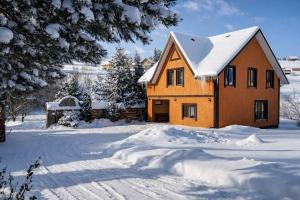 a house covered in snow in a yard at U Troh Brativ in Plavie