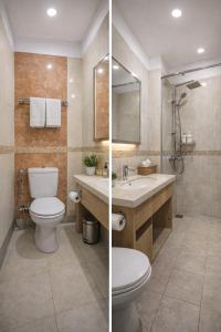 two pictures of a bathroom with a toilet and a sink at Hotel Aarav 94 in Indore