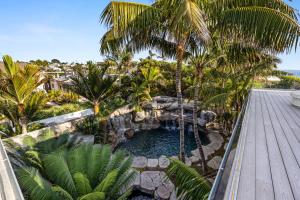 an overhead view of a swimming pool with palm trees at Encinitas Shores - Beachfront, Ocean View & Patio in Encinitas