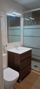 a bathroom with a sink and a toilet and a mirror at Apartamento en Huesca capital in Huesca
