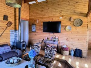 a living room with a couch and a flat screen tv at Casa Bella Vista Futrono in Futrono