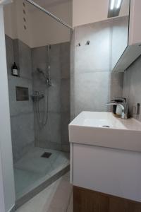 a bathroom with a shower and a sink and a shower at Wittgruber's Upperroom in Koliba +3 photos
