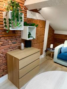 a living room with a brick wall at Capitole Hyper-centre, Mezzanine & confort in Toulouse +6 photos