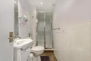 a bathroom with a toilet and a sink and a shower at Capritia Guest House in Dartmouth