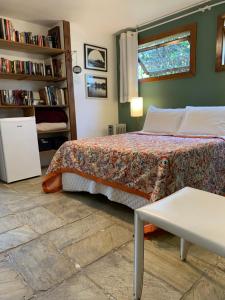 a bedroom with a bed and a book shelf at Villa Violeta in Petrópolis